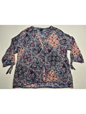 Daytrip Boho Hippie Festival Patterned 3/4 Sleeve Tie Top XL